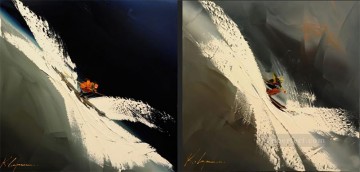 150の主題の芸術作品 Painting - クリーム色のカル・ガジュームの 2 枚のパネルをナイフでスキー